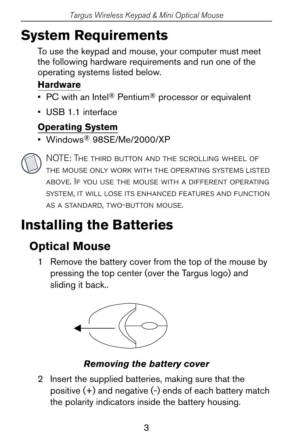 System requirements, Installing the batteries, Optical mouse | Targus Wireless Keypad & Mini Optical Mouse User Manual | Page 3 / 15