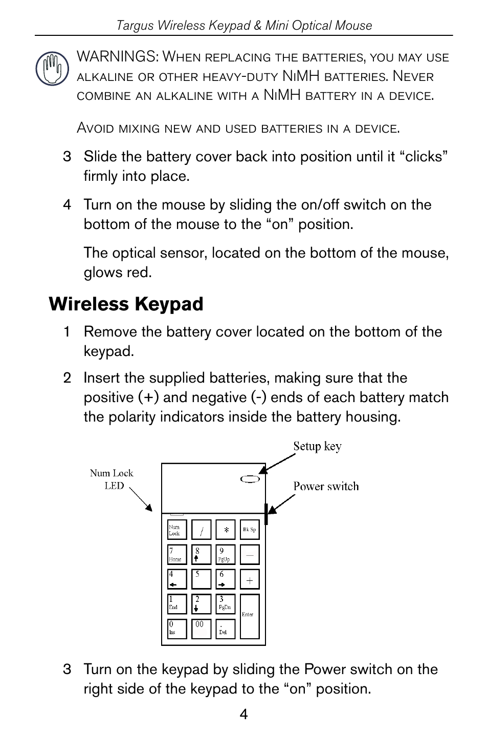 Wireless keypad | Targus Wireless Keypad & Mini Optical Mouse User Manual | Page 4 / 15