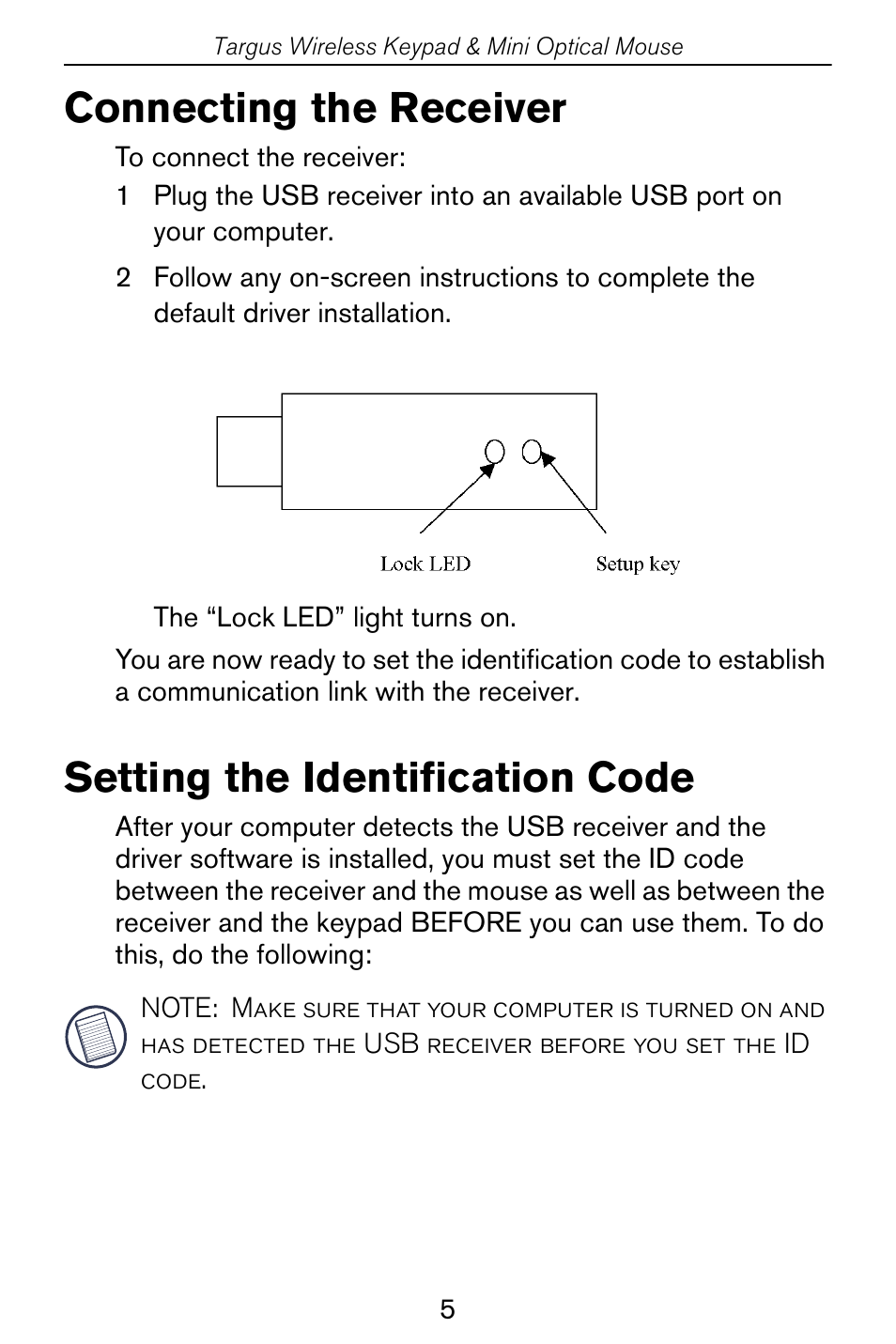 Connecting the receiver, Setting the identification code | Targus Wireless Keypad & Mini Optical Mouse User Manual | Page 5 / 15