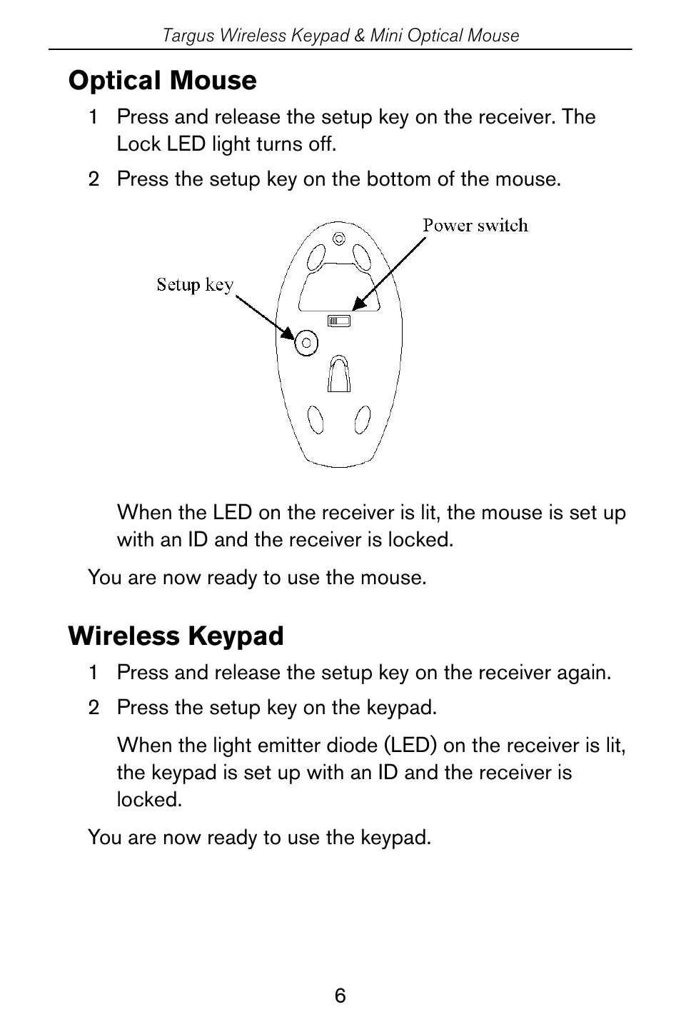Optical mouse, Wireless keypad | Targus Wireless Keypad & Mini Optical Mouse User Manual | Page 6 / 15