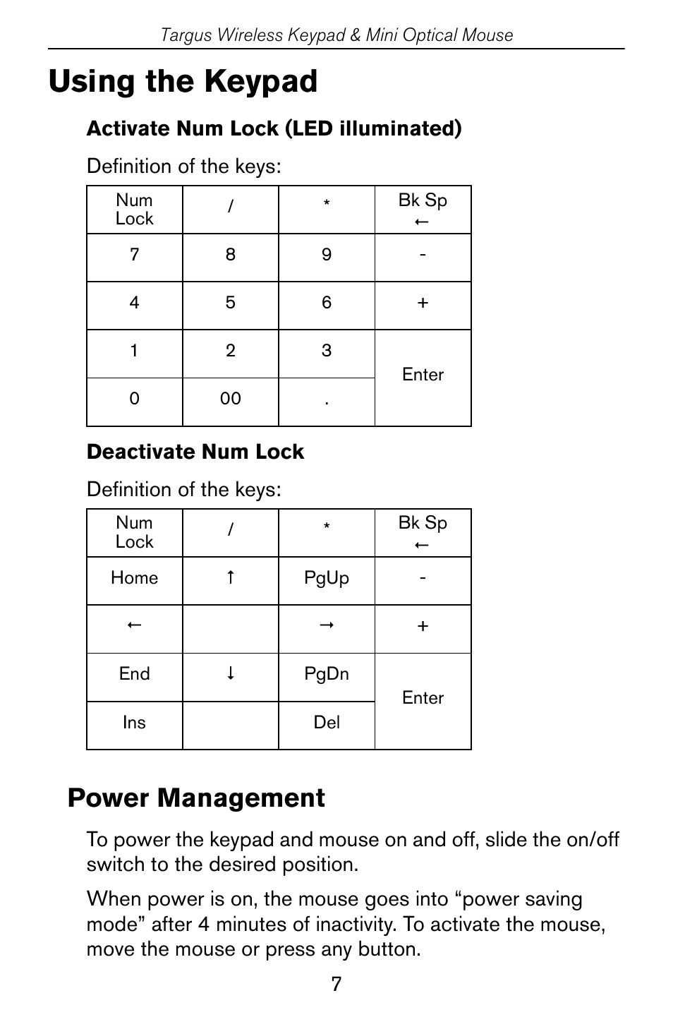 Using the keypad, Power management | Targus Wireless Keypad & Mini Optical Mouse User Manual | Page 7 / 15