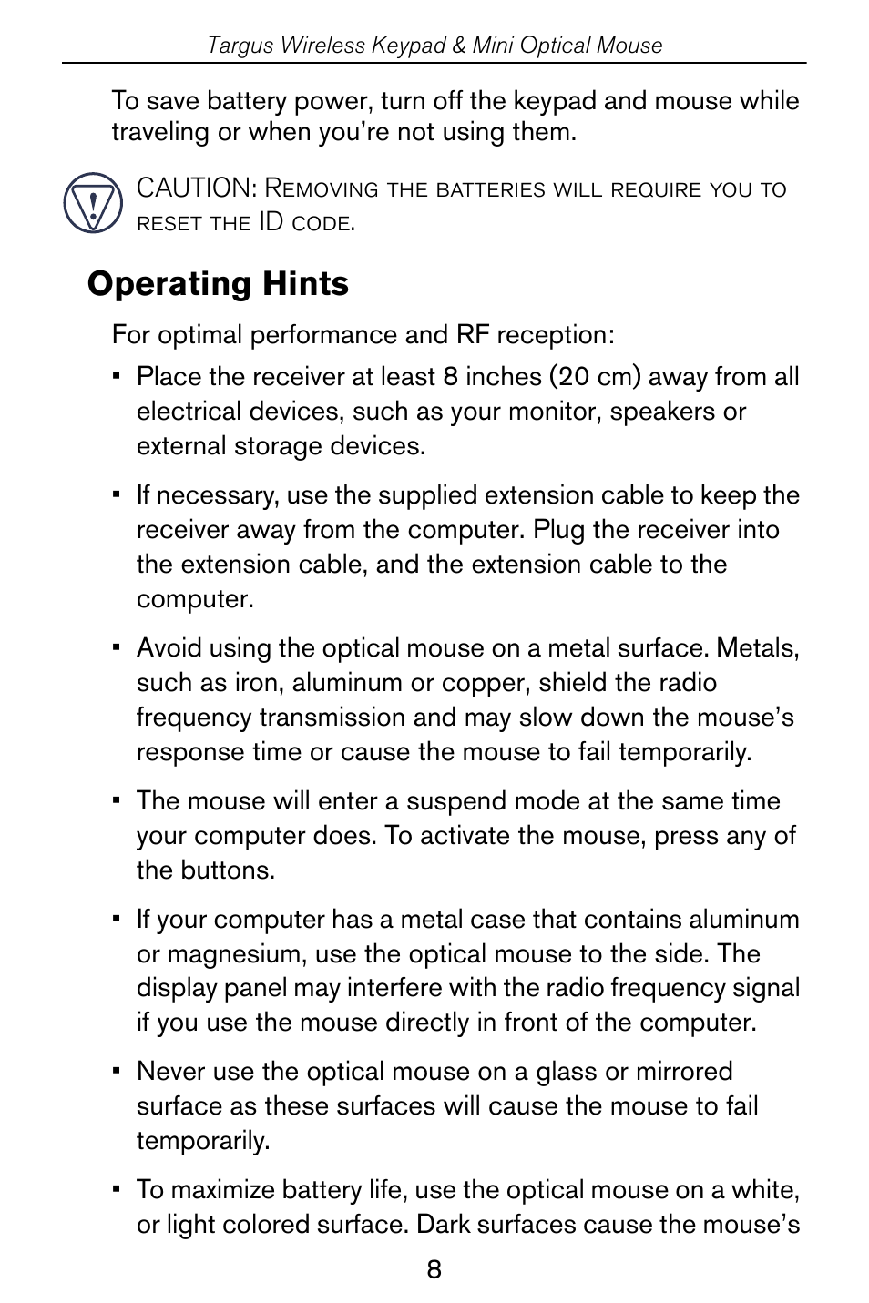 Operating hints | Targus Wireless Keypad & Mini Optical Mouse User Manual | Page 8 / 15