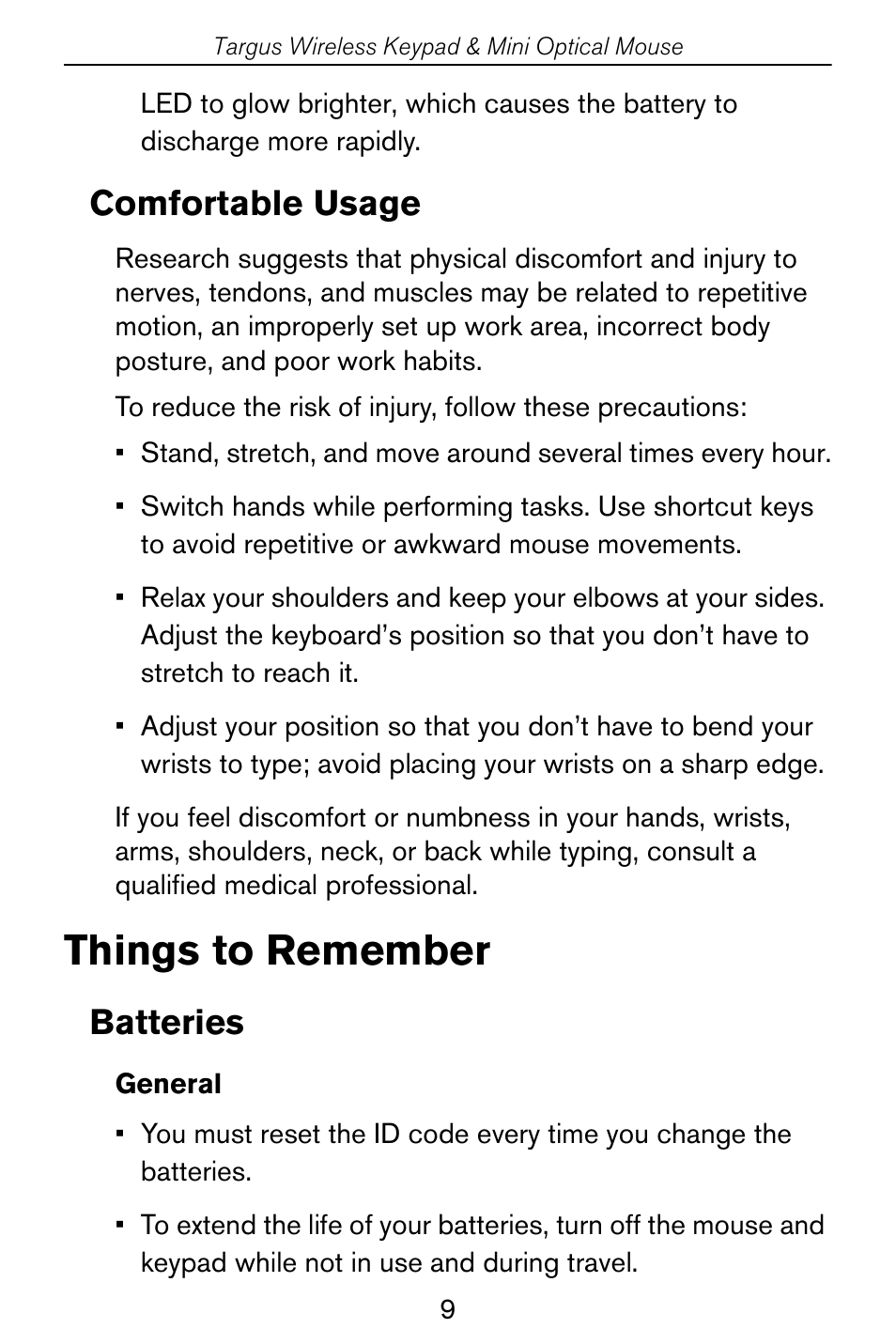 Things to remember, Comfortable usage, Batteries | Targus Wireless Keypad & Mini Optical Mouse User Manual | Page 9 / 15
