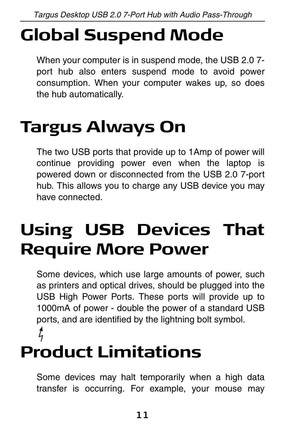 Global suspend mode, Using usb devices that require more power, Product limitations | Targus always on | Targus ACH81US User Manual | Page 11 / 15