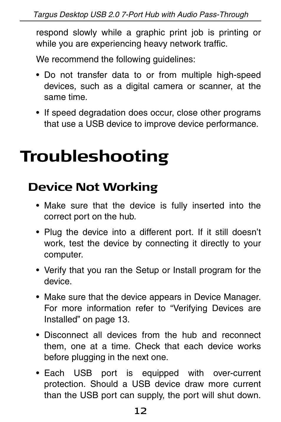 Troubleshooting, Device not working | Targus ACH81US User Manual | Page 12 / 15