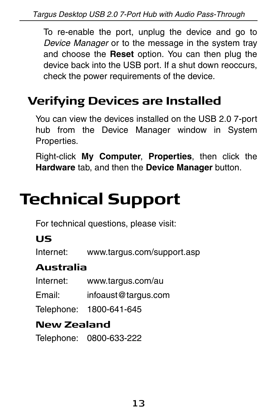 Technical support, Verifying devices are installed | Targus ACH81US User Manual | Page 13 / 15