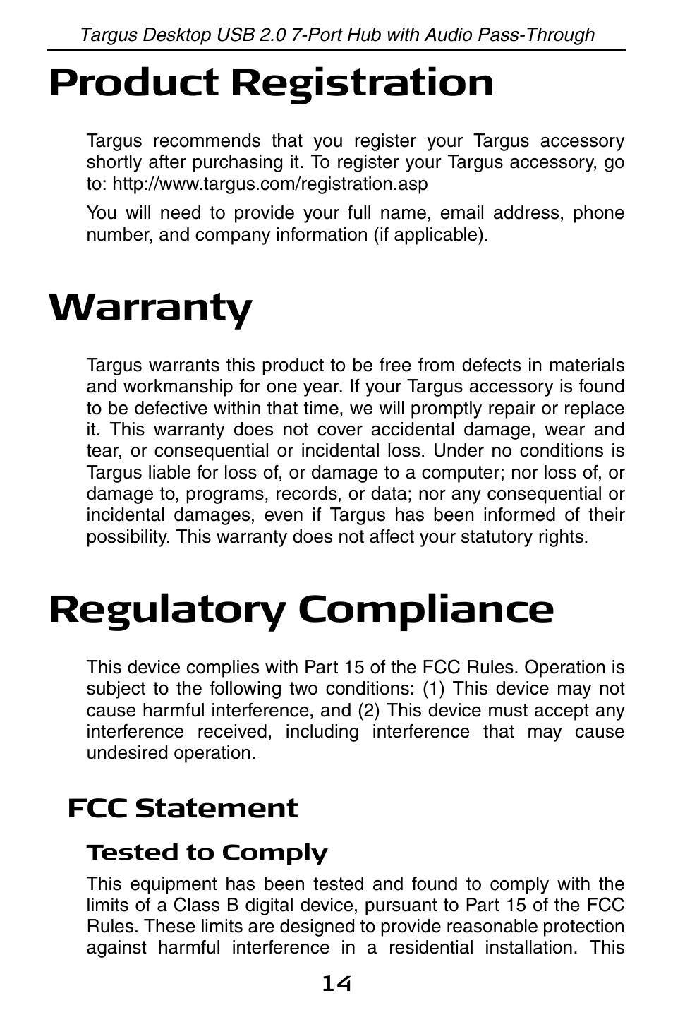 Product registration, Warranty, Regulatory compliance | Targus ACH81US User Manual | Page 14 / 15