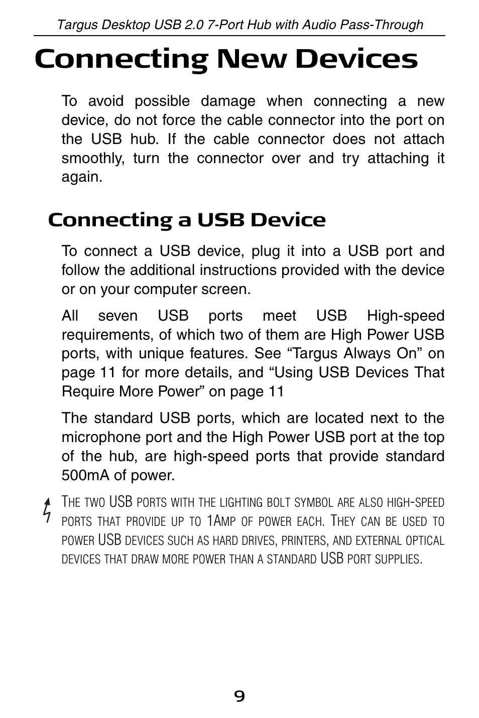 Connecting new devices, Connecting a usb device | Targus ACH81US User Manual | Page 9 / 15