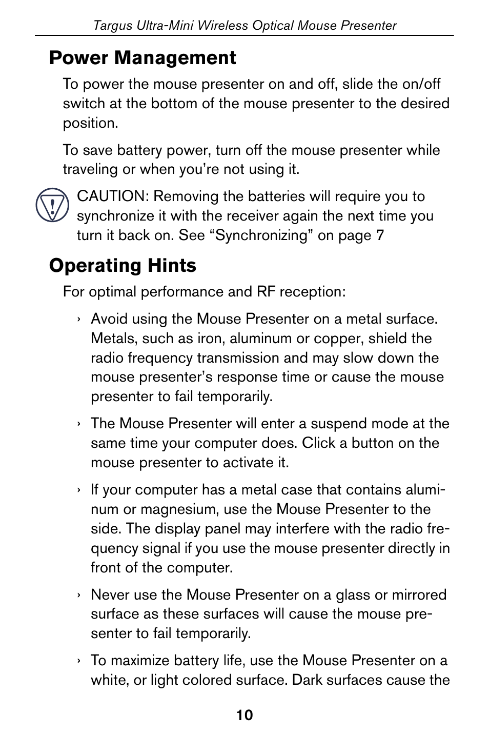 Power management, Operating hints | Targus 400-0140-001A User Manual | Page 10 / 17