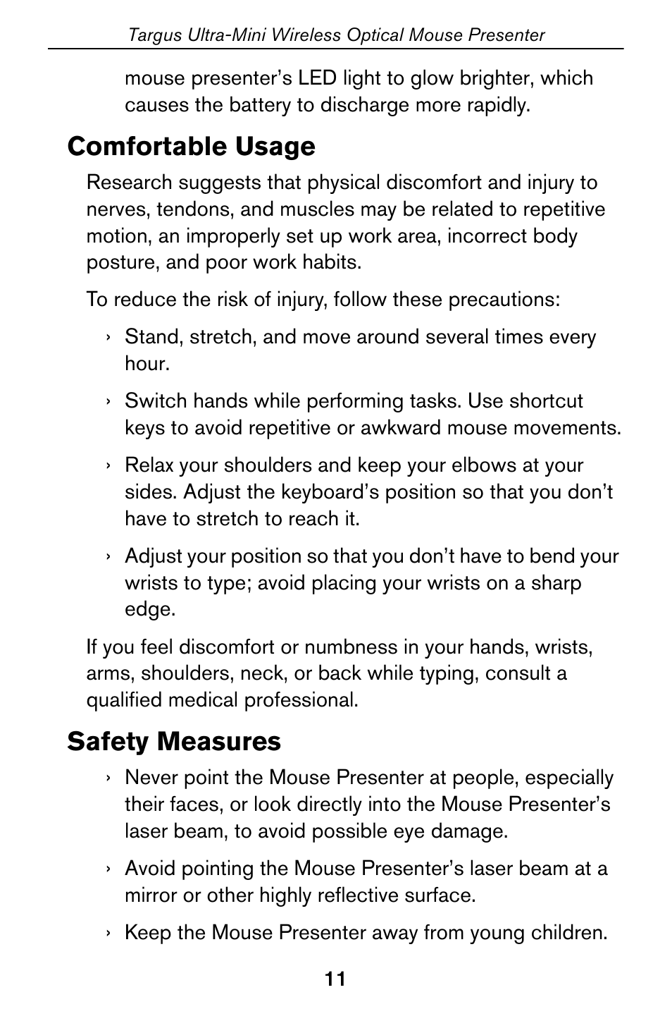 Comfortable usage, Safety measures | Targus 400-0140-001A User Manual | Page 11 / 17
