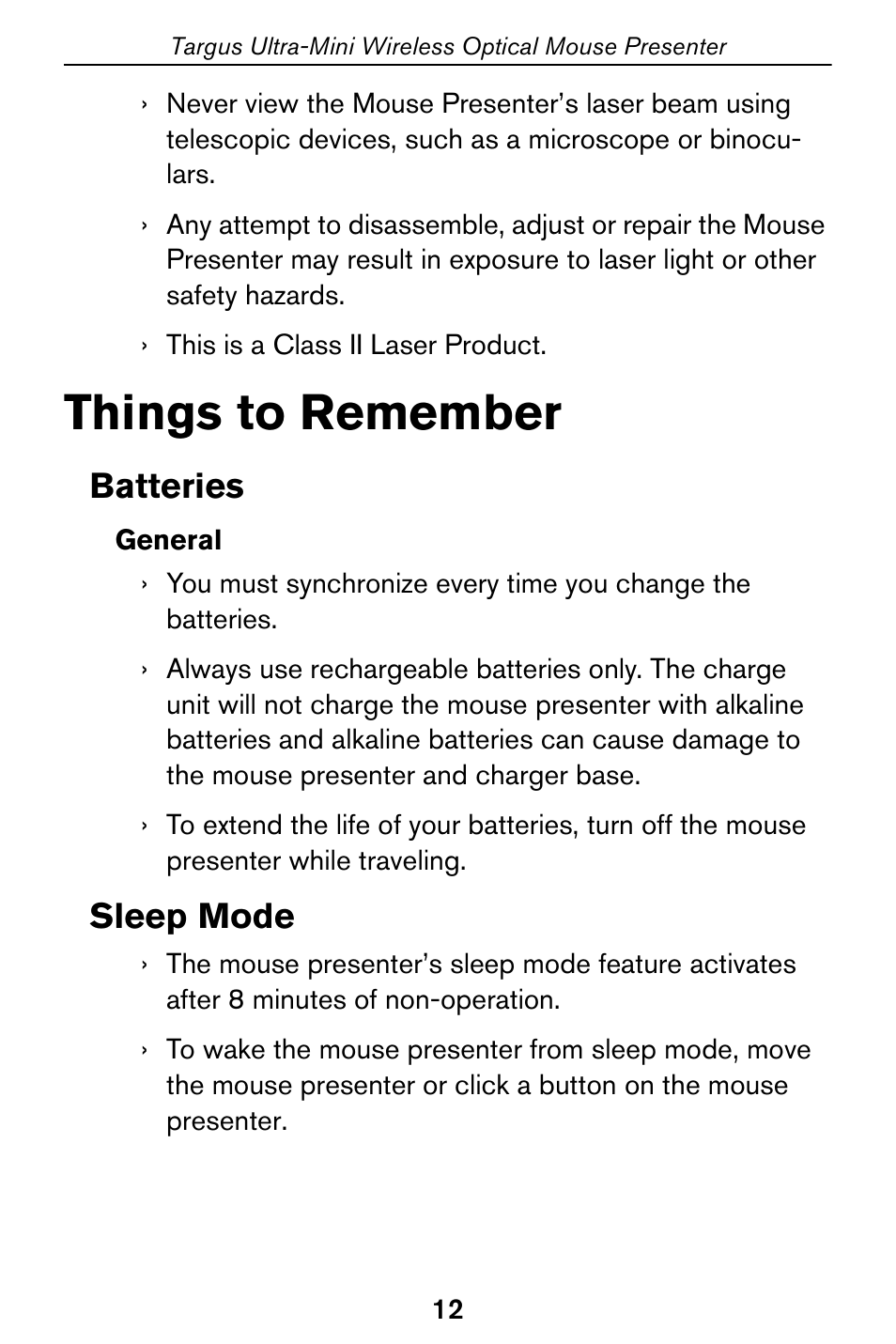 Things to remember, Batteries, Sleep mode | Targus 400-0140-001A User Manual | Page 12 / 17