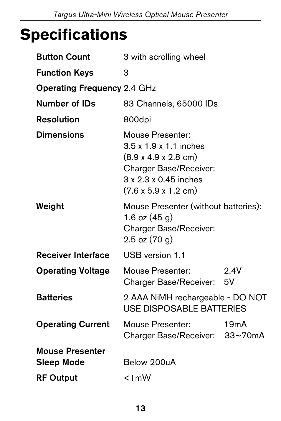 Specifications | Targus 400-0140-001A User Manual | Page 13 / 17