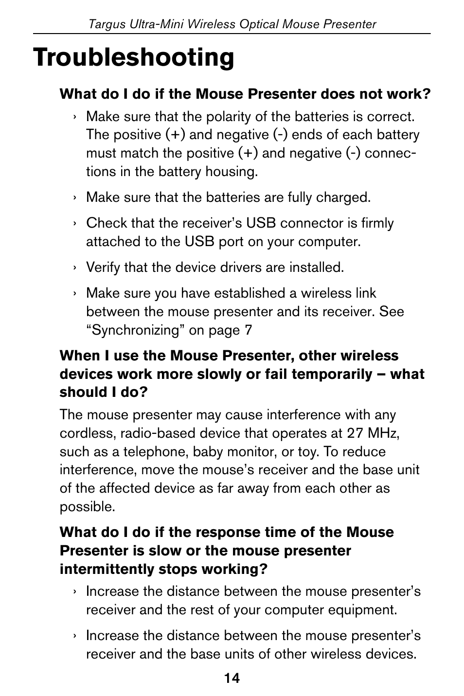 Troubleshooting | Targus 400-0140-001A User Manual | Page 14 / 17