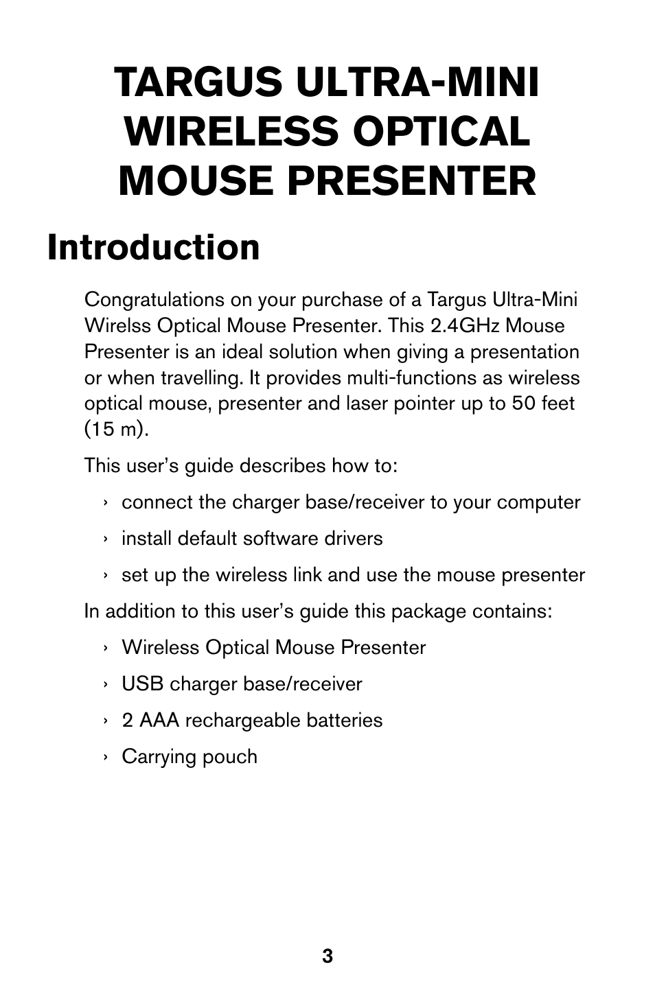 Targus ultra-mini wireless optical mouse presenter, Introduction | Targus 400-0140-001A User Manual | Page 3 / 17