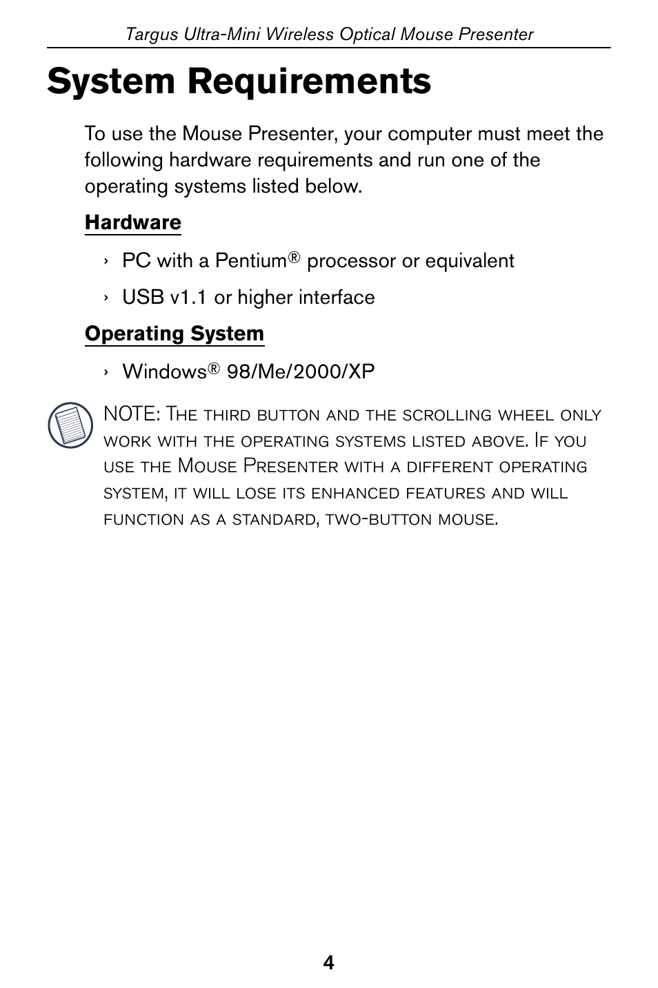System requirements | Targus 400-0140-001A User Manual | Page 4 / 17