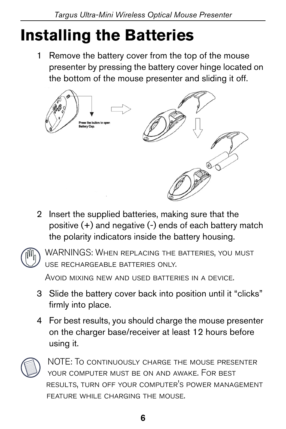 Installing the batteries | Targus 400-0140-001A User Manual | Page 6 / 17