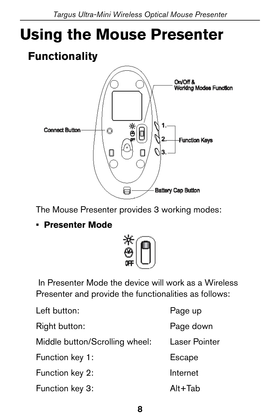 Using the mouse presenter, Functionality | Targus 400-0140-001A User Manual | Page 8 / 17