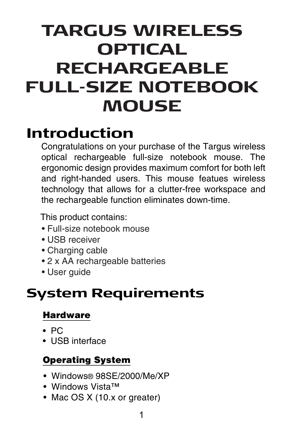 Introduction, System requirements | Targus Wireless Optical Rechargeable Full-size Notebook Mouse User Manual | Page 2 / 7