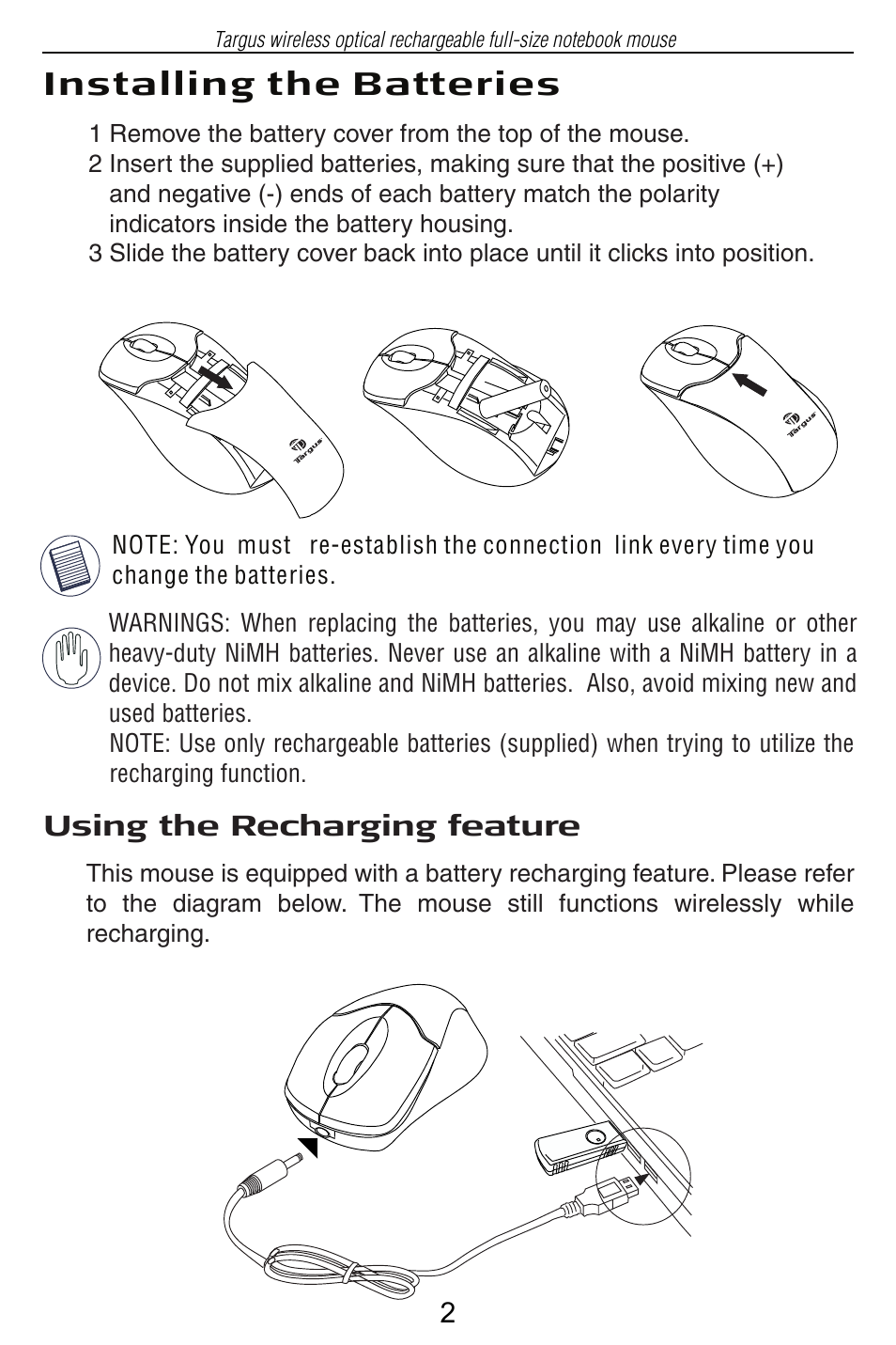 Installing the batteries | Targus Wireless Optical Rechargeable Full-size Notebook Mouse User Manual | Page 3 / 7