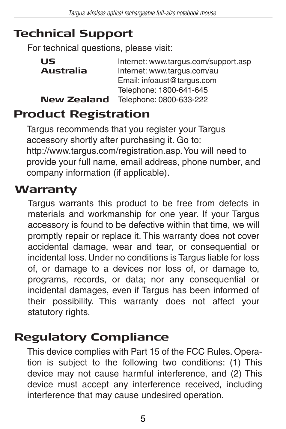 Regulatory compliance, Warranty technical support product registration | Targus Wireless Optical Rechargeable Full-size Notebook Mouse User Manual | Page 6 / 7