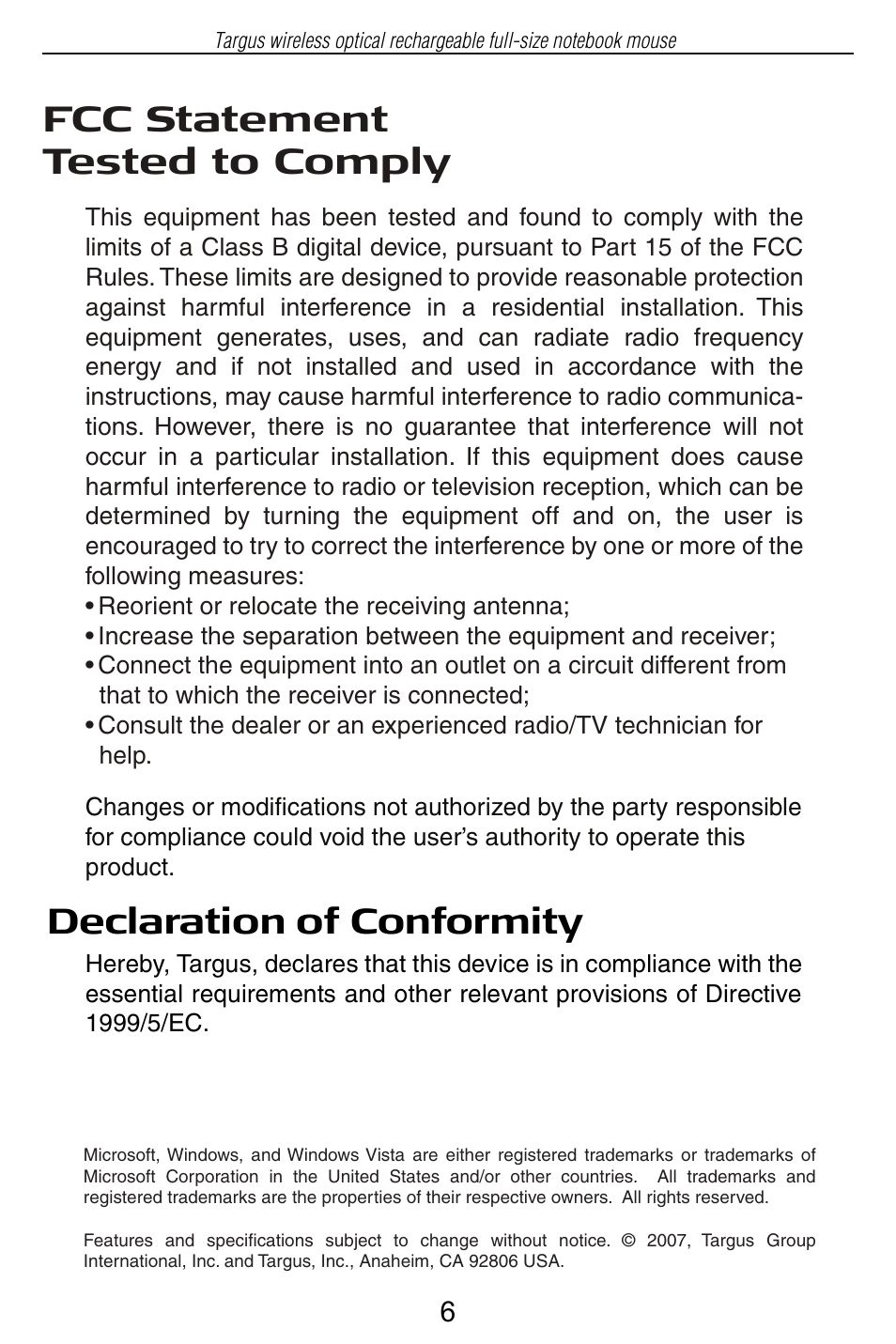 Fcc statement tested to comply, Declaration of conformity | Targus Wireless Optical Rechargeable Full-size Notebook Mouse User Manual | Page 7 / 7