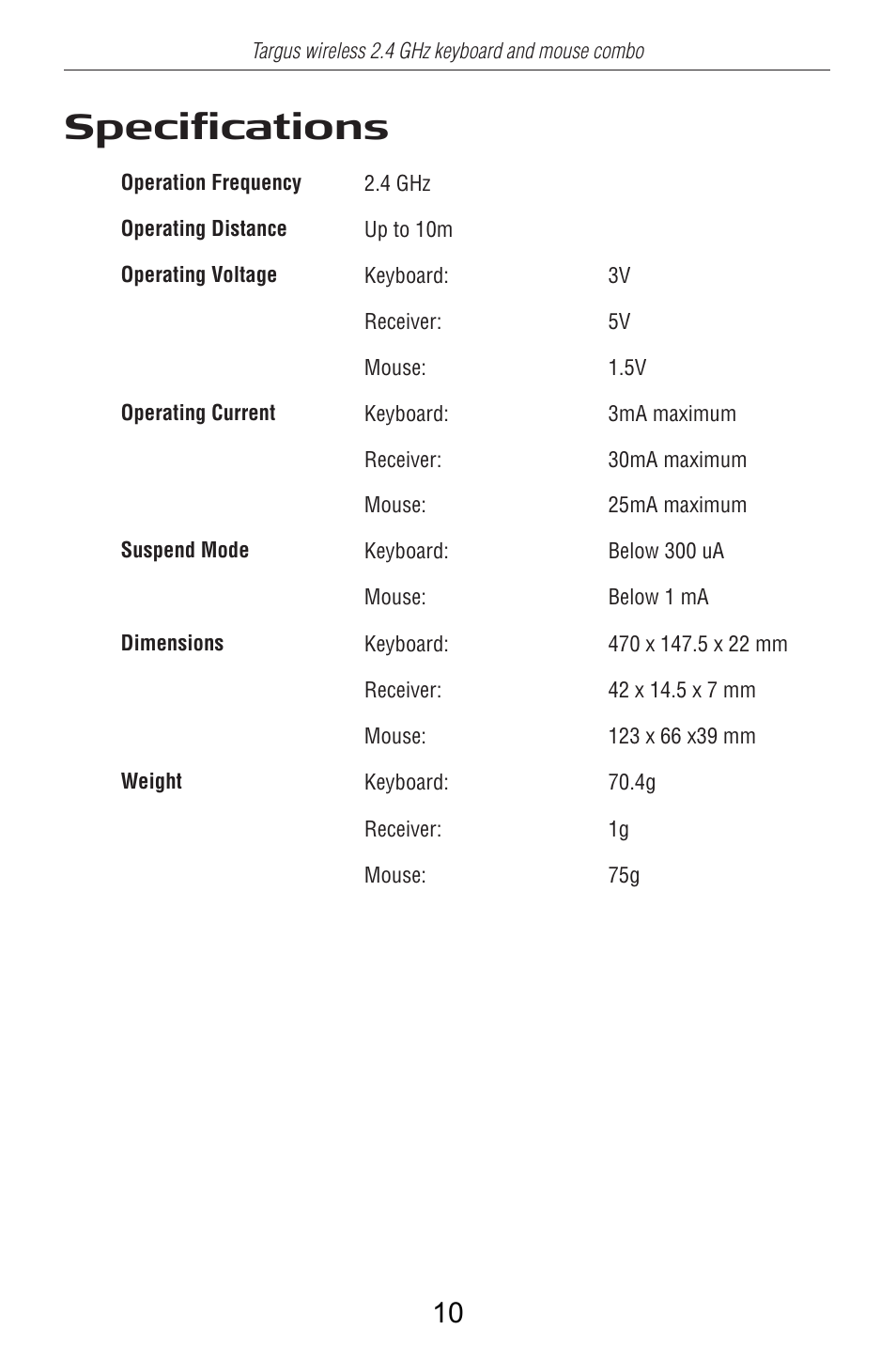 Specifications | Targus AKM11 User Manual | Page 11 / 13
