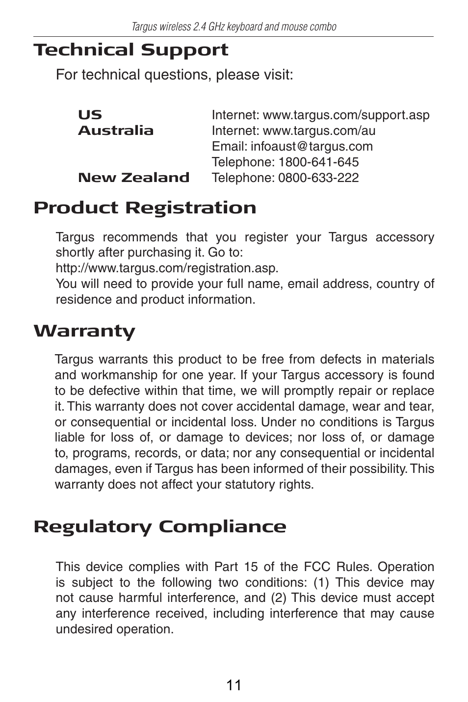Technical support, Product registration, Warranty | Regulatory compliance | Targus AKM11 User Manual | Page 12 / 13