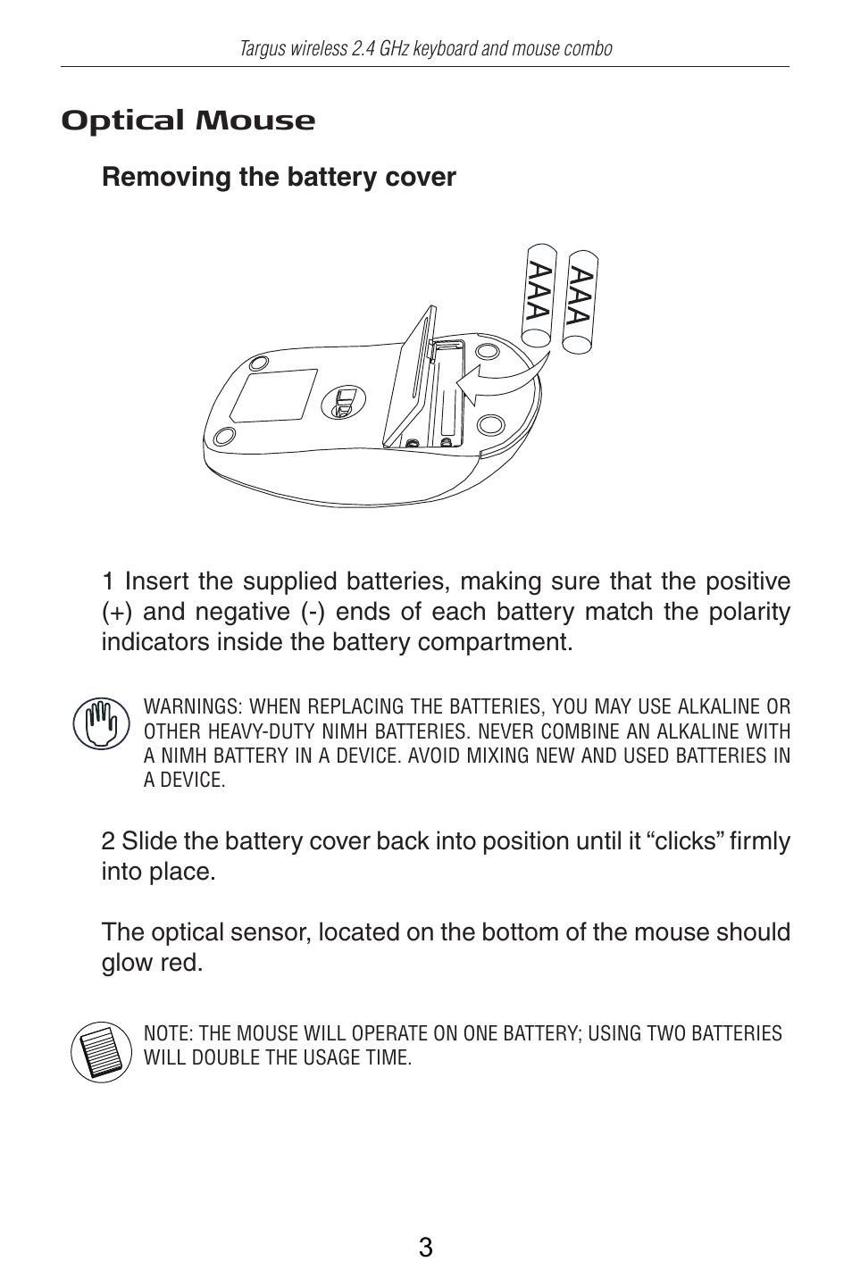 Optical mouse removing the battery cover | Targus AKM11 User Manual | Page 4 / 13
