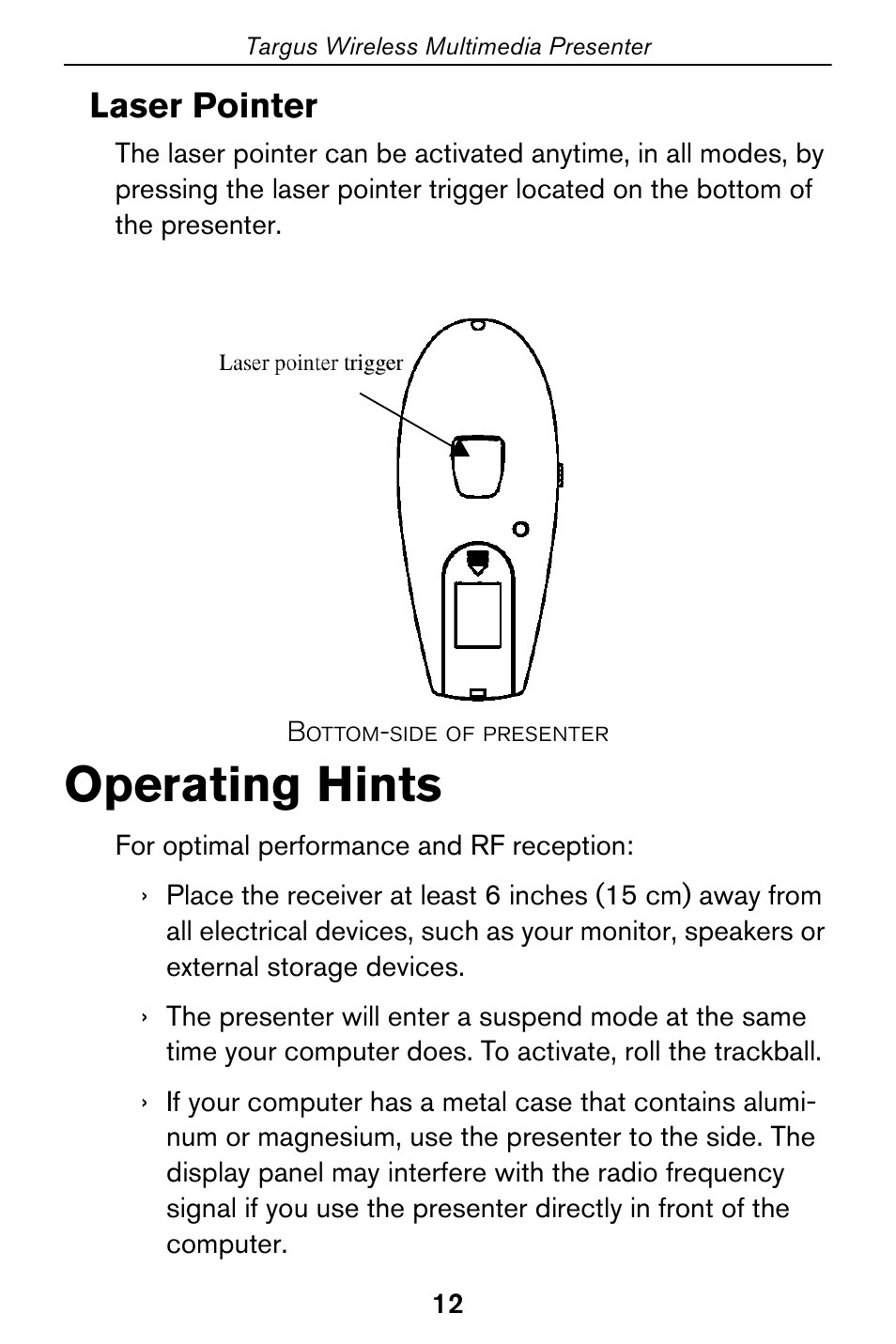 Laser pointer operating hints, Operating hints, Laser pointer | Targus 400-0170-001A User Manual | Page 12 / 18