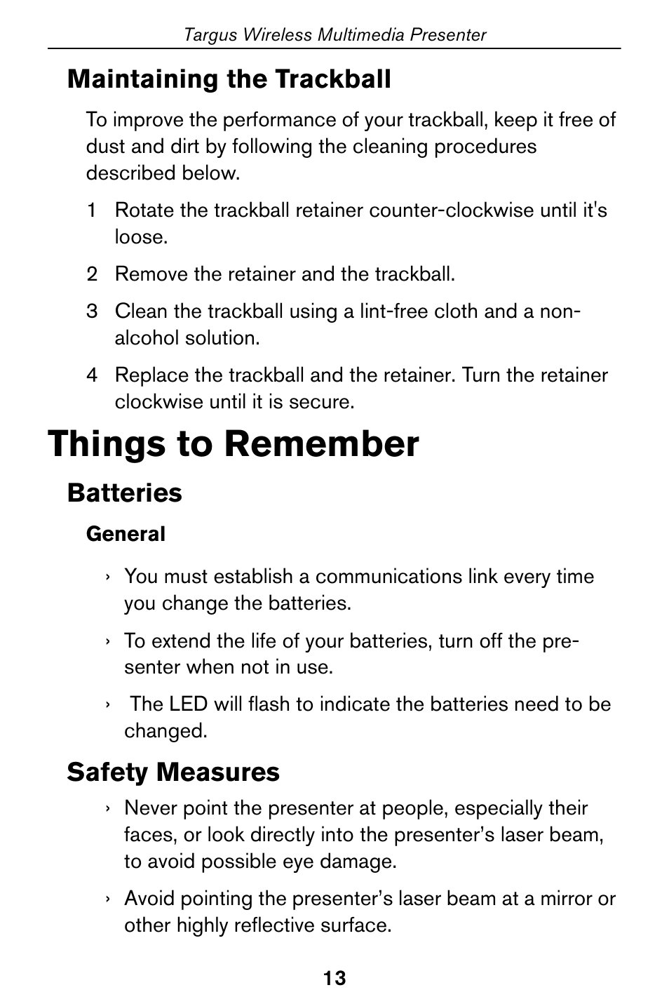 Maintaining the trackball safety measures, Things to remember, Maintaining the trackball | Batteries, Safety measures | Targus 400-0170-001A User Manual | Page 13 / 18