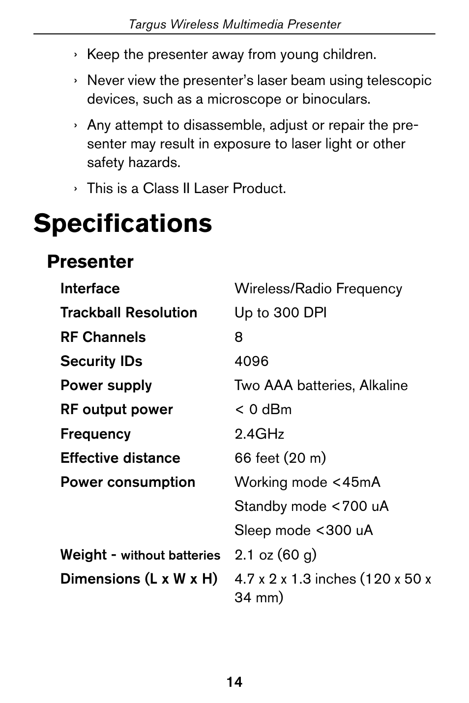 Specifications, Presenter | Targus 400-0170-001A User Manual | Page 14 / 18