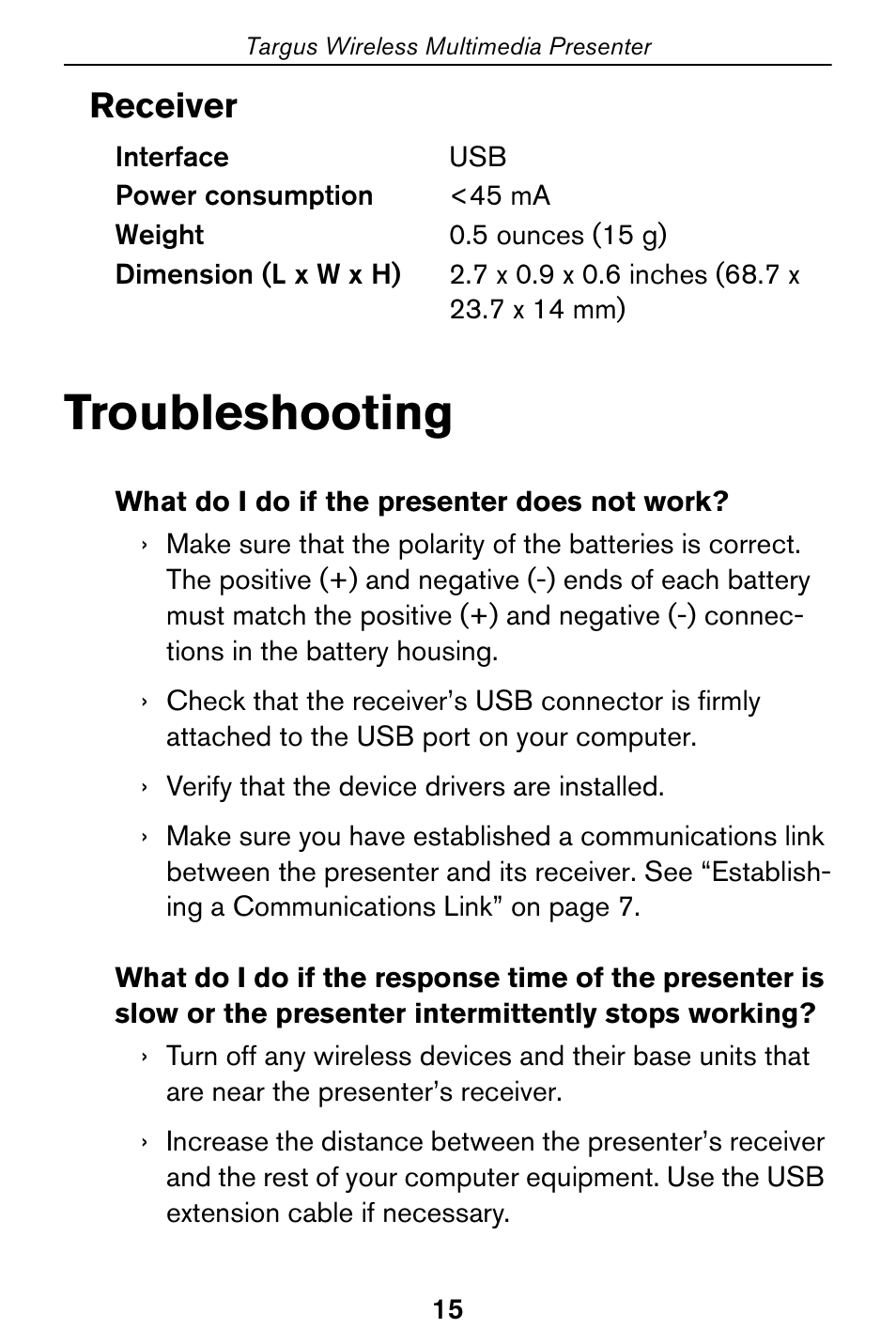 Troubleshooting, Receiver | Targus 400-0170-001A User Manual | Page 15 / 18