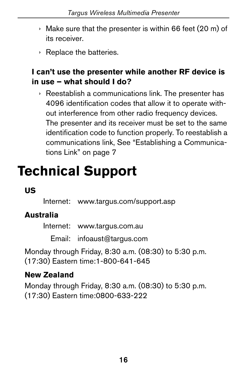 Technical support | Targus 400-0170-001A User Manual | Page 16 / 18