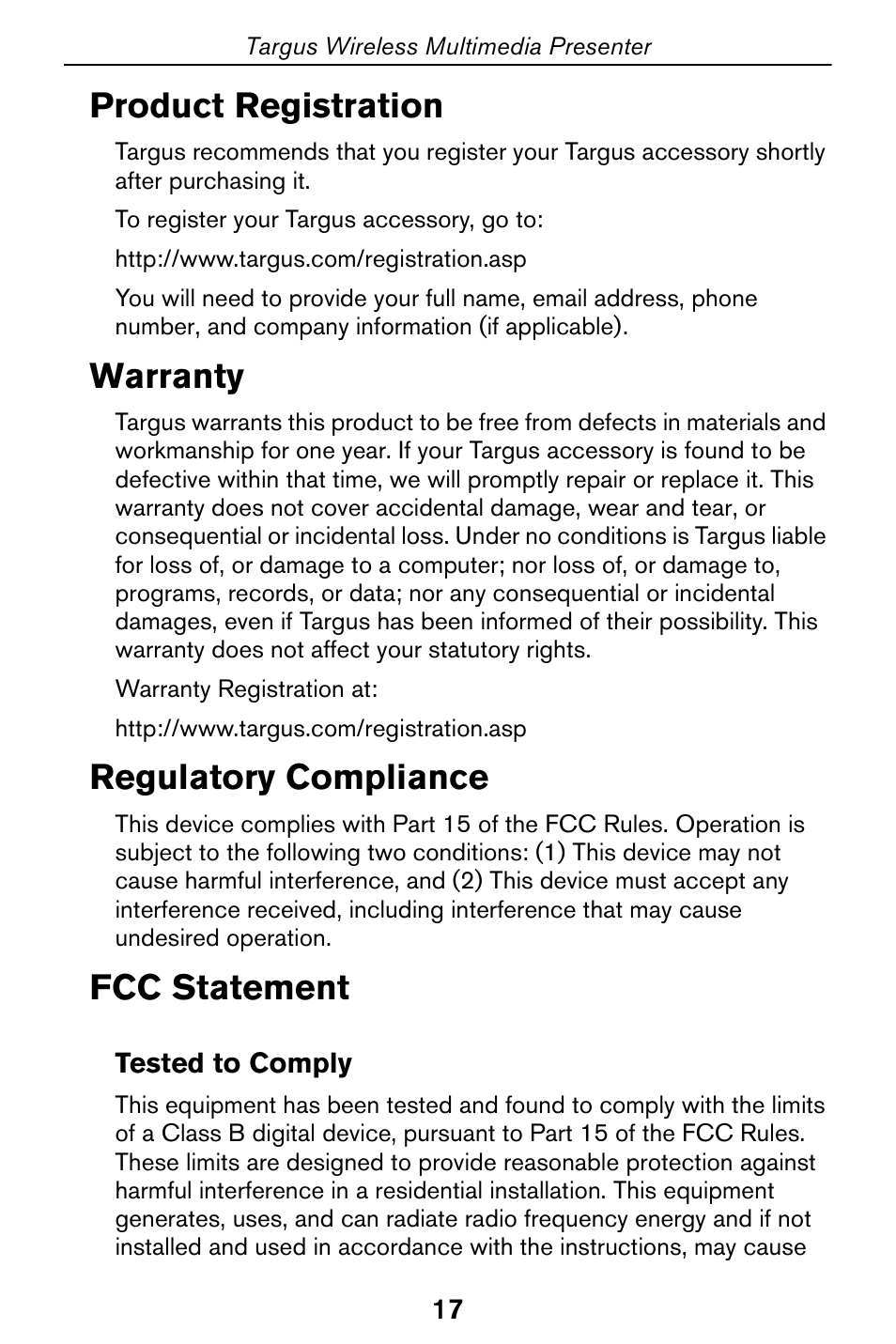 Warranty, Product registration, Regulatory compliance | Fcc statement | Targus 400-0170-001A User Manual | Page 17 / 18