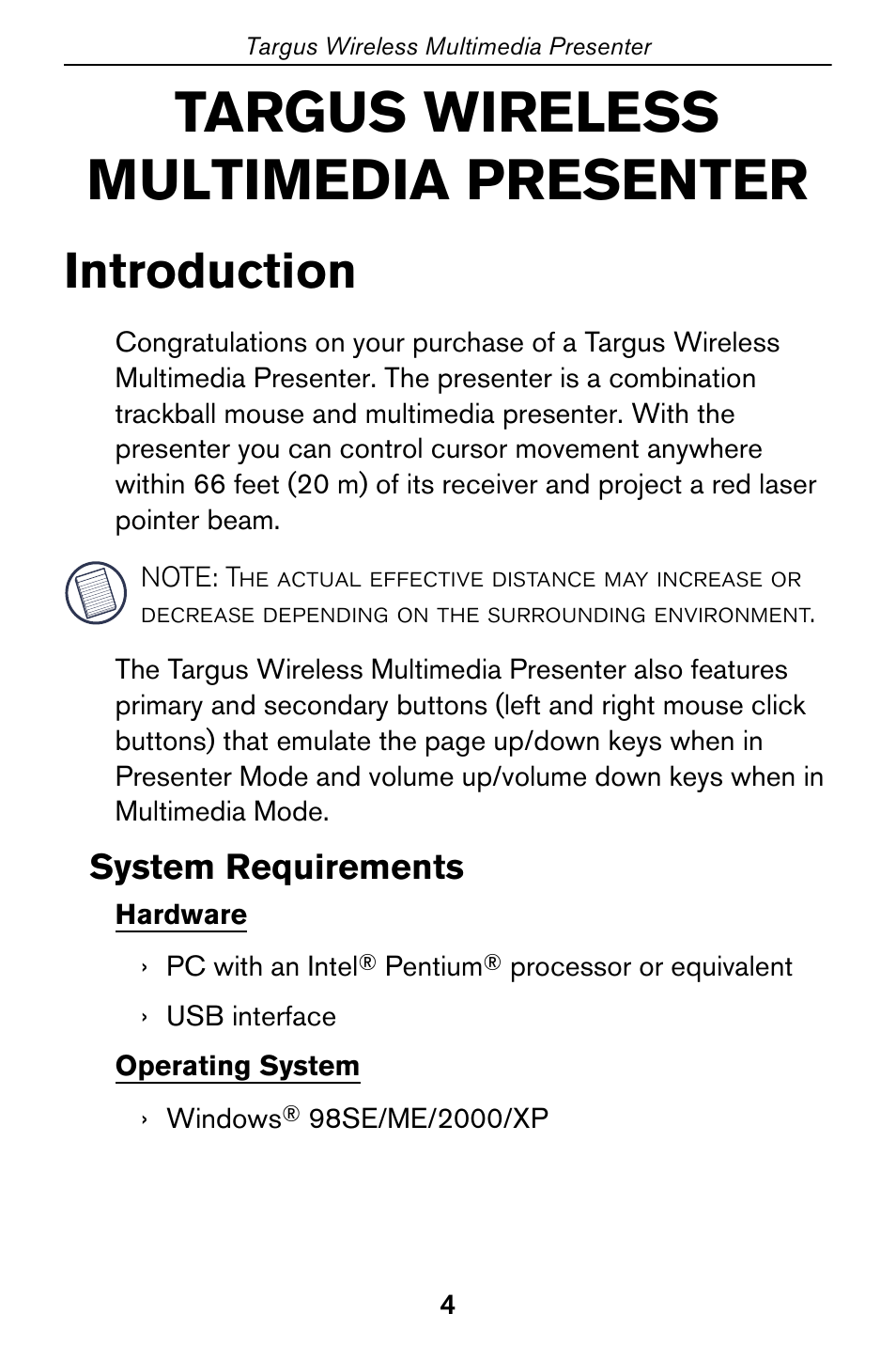 Introduction system requirements, Targus wireless multimedia presenter, Introduction | Targus 400-0170-001A User Manual | Page 4 / 18