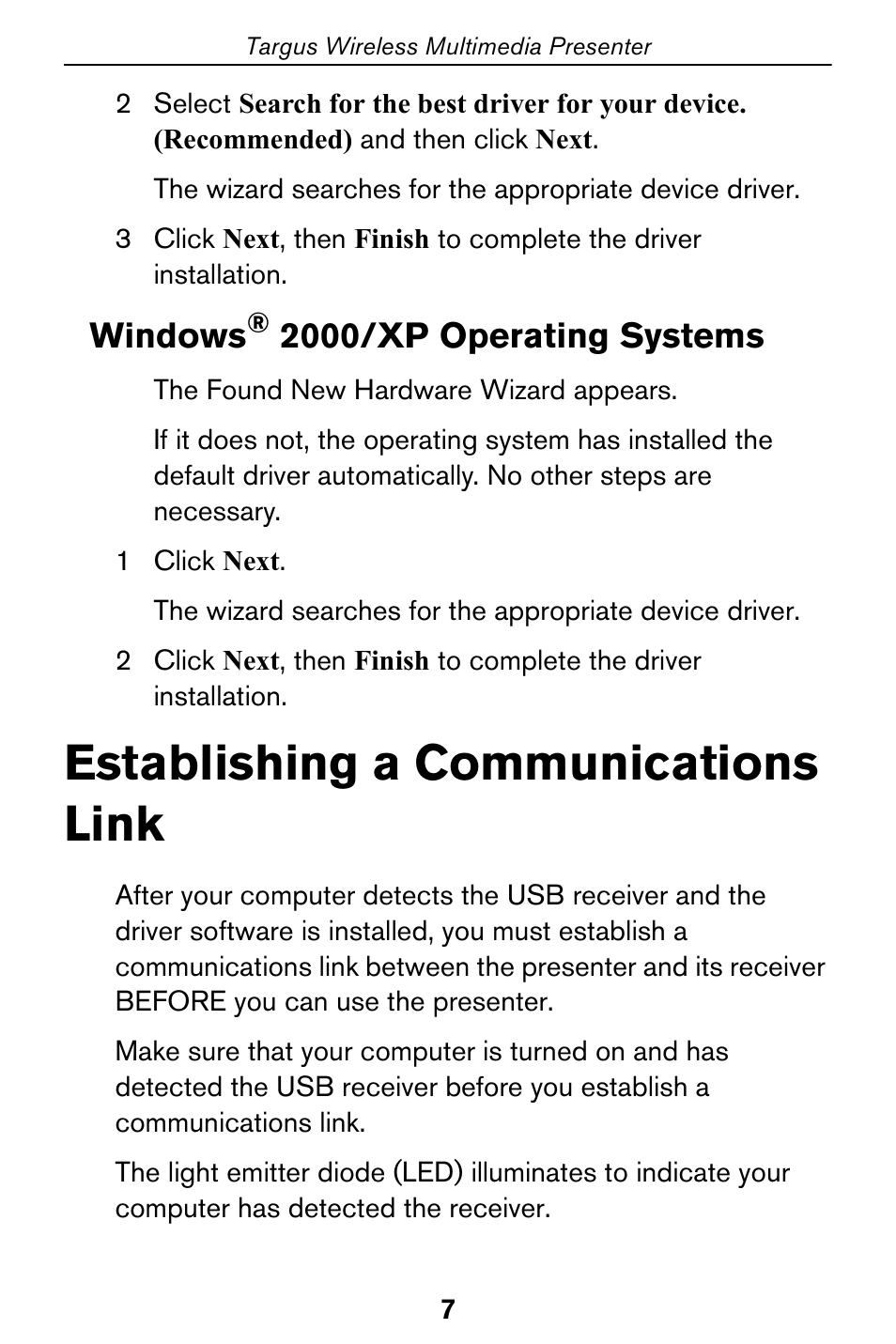 Windows, 2000/xp operating systems, Establishing a communications link | Targus 400-0170-001A User Manual | Page 7 / 18
