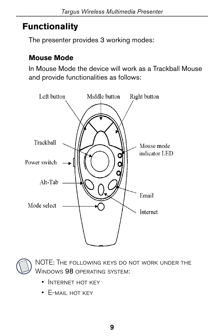 Functionality mouse mode, Functionality | Targus 400-0170-001A User Manual | Page 9 / 18