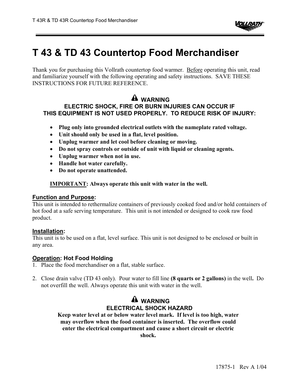 T 43 & td 43 countertop food merchandiser | The Vollrath Co T 43R User Manual | Page 2 / 9