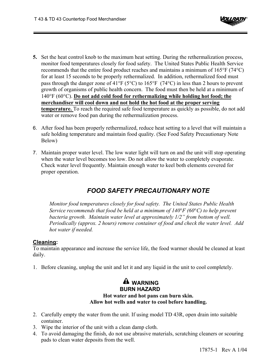 Food safety precautionary note | The Vollrath Co T 43R User Manual | Page 4 / 9