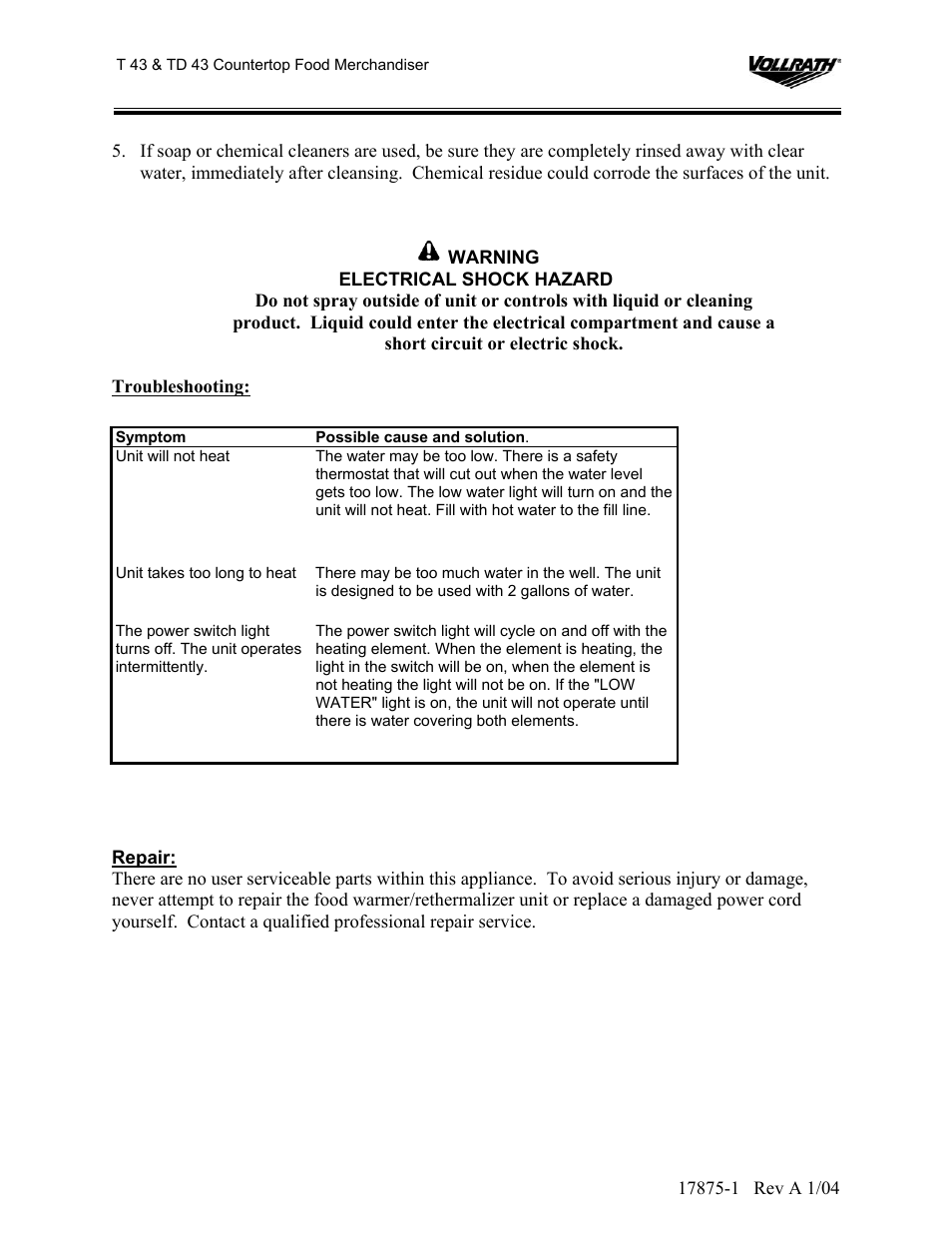 The Vollrath Co T 43R User Manual | Page 5 / 9