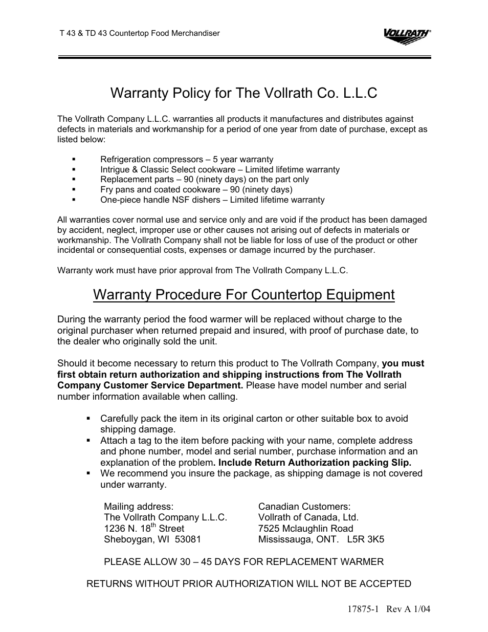 Warranty policy for the vollrath co. l.l.c, Warranty procedure for countertop equipment | The Vollrath Co T 43R User Manual | Page 9 / 9