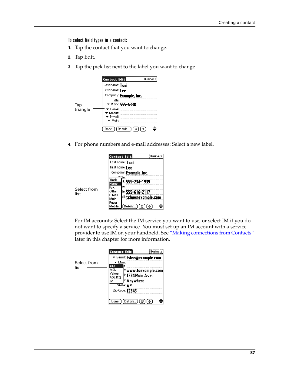 To select field types in a contact | Tungsten Affinity TUNGSTUN T3 User Manual | Page 101 / 408