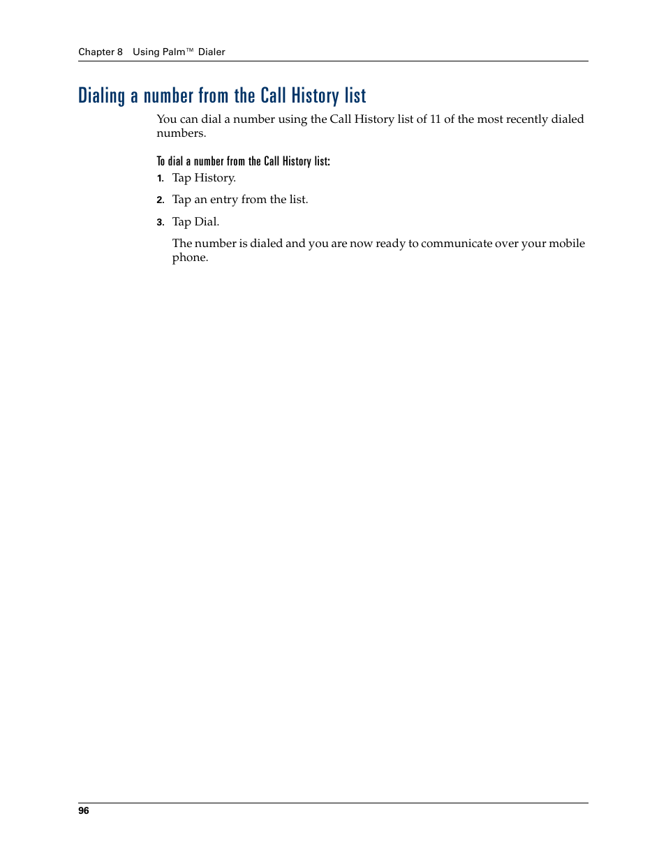 Dialing a number from the call history list, To dial a number from the call history list | Tungsten Affinity TUNGSTUN T3 User Manual | Page 110 / 408