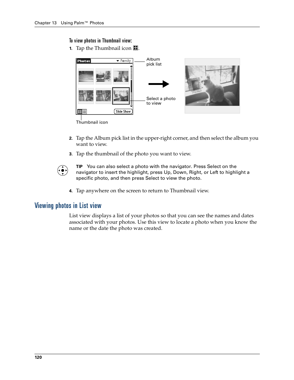To view photos in thumbnail view, Viewing photos in list view, Viewing a slide show | Tungsten Affinity TUNGSTUN T3 User Manual | Page 134 / 408