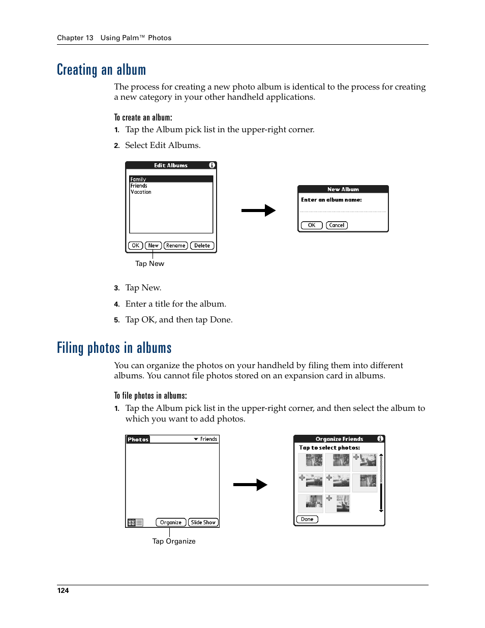Creating an album, To create an album, Filing photos in albums | To file photos in albums, Filing photos in albums copying photos, Chapter 13, For det | Tungsten Affinity TUNGSTUN T3 User Manual | Page 138 / 408