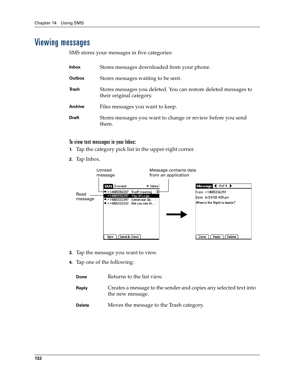 Viewing messages, To view text messages in your inbox, Working with draft messages | Tungsten Affinity TUNGSTUN T3 User Manual | Page 146 / 408