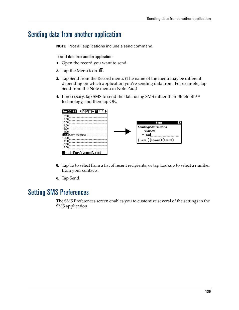 Sending data from another application, To send data from another application, Setting sms preferences | Setting sms preferences using sms menus | Tungsten Affinity TUNGSTUN T3 User Manual | Page 149 / 408