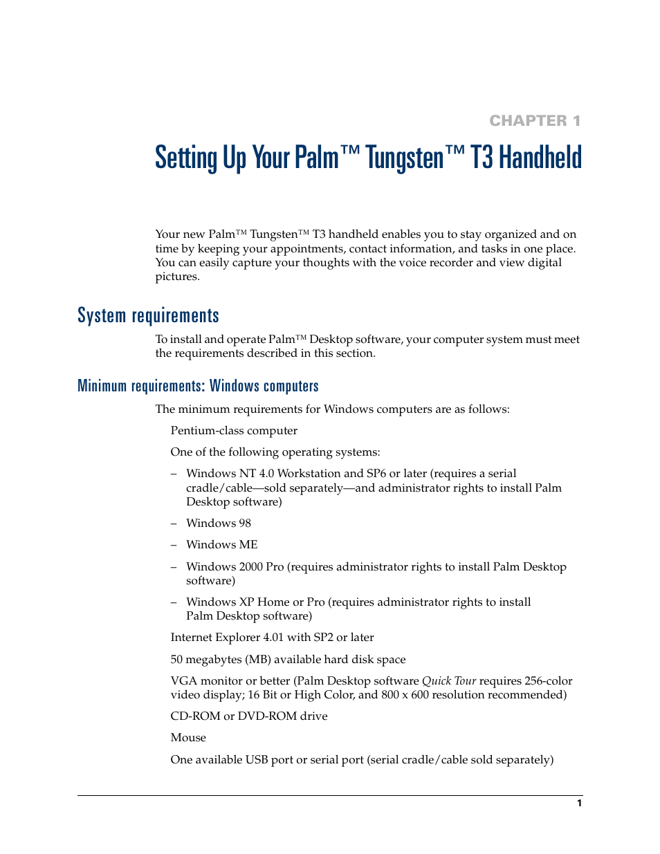 Setting up your palm™ tungsten™ t3 handheld, System requirements, Minimum requirements: windows computers | Setting up your palm, Tungsten, T3 handheld | Tungsten Affinity TUNGSTUN T3 User Manual | Page 15 / 408
