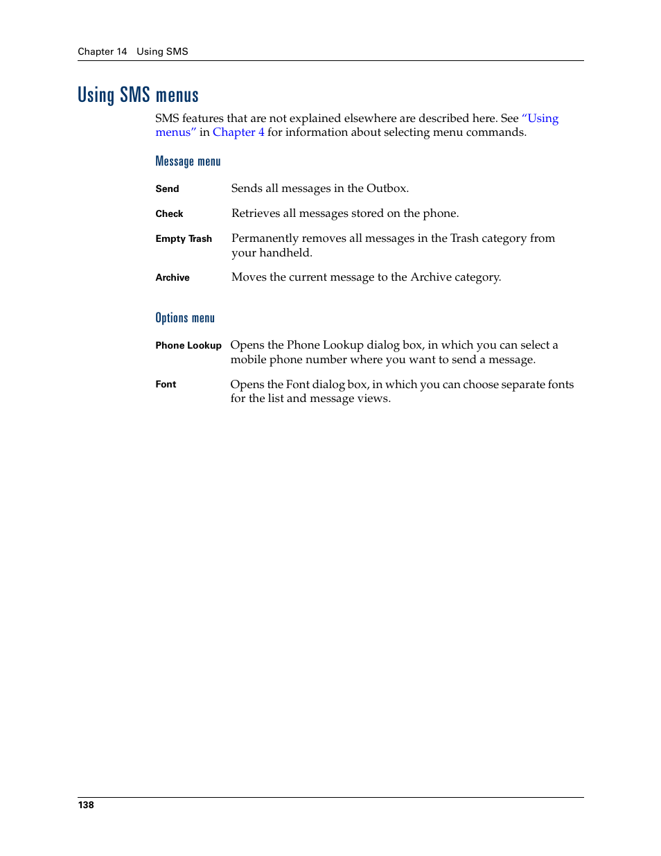 Using sms menus, Message menu, Options menu | Message menu options menu | Tungsten Affinity TUNGSTUN T3 User Manual | Page 152 / 408