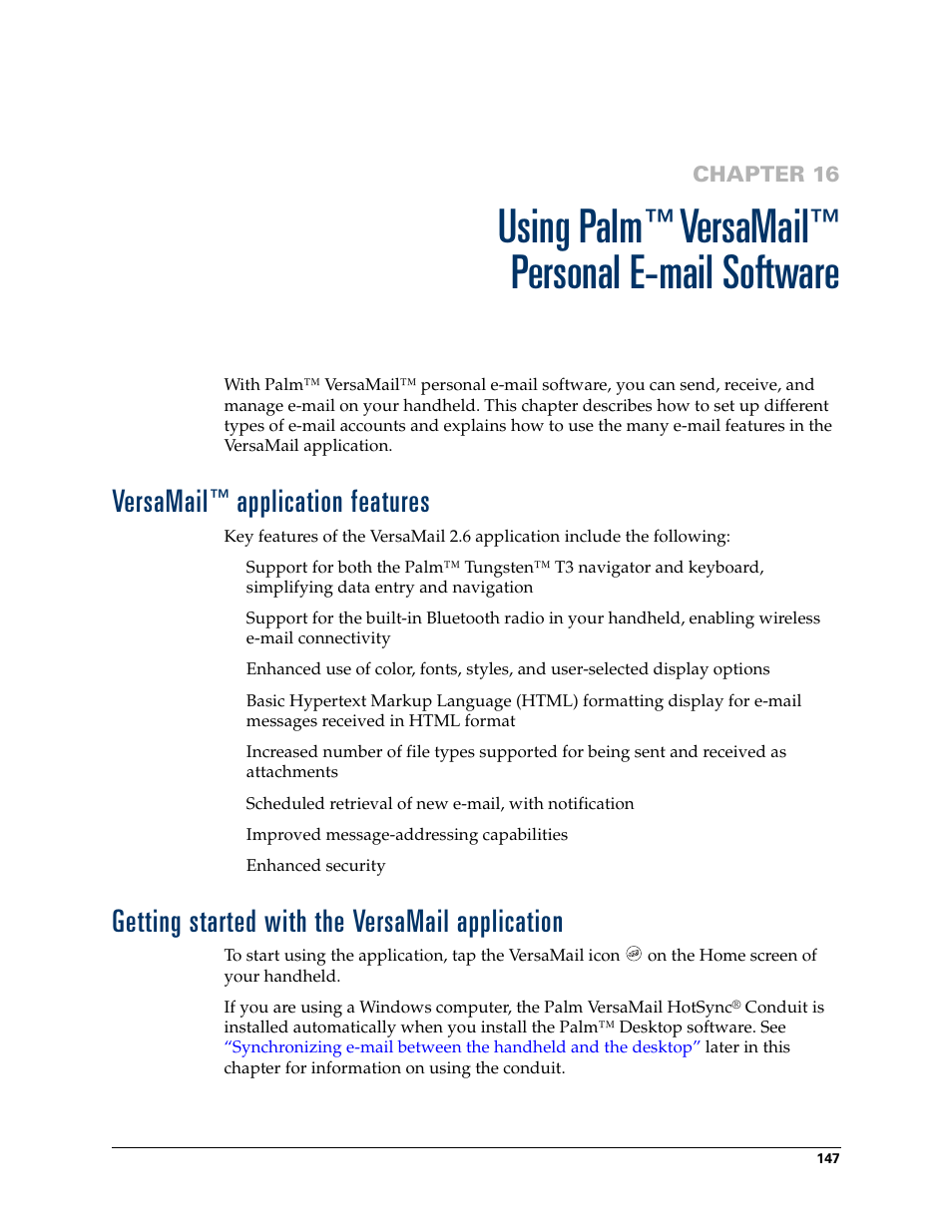 Using palm™ versamail™ personal email software, Versamail™ application features, Getting started with the versamail application | Chapter 16, For m, Using palm, Versamail, Personal e-mail software, Application features | Tungsten Affinity TUNGSTUN T3 User Manual | Page 161 / 408